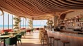 Undulating Colored Strips of Linen are Used as The Ceiling of The Restaurant Fair-Faced Concrete Bar Counter Wooden Structure