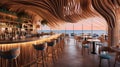 Undulating Colored Strips of Linen are Used as The Ceiling of The Restaurant Fair-Faced Concrete Bar Counter Wooden Structure