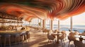 Undulating Colored Strips of Linen are Used as The Ceiling of The Restaurant Fair-Faced Concrete Bar Counter Wooden Structure