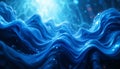 Undulating waves of rich blue fabric with a shimmering texture create a sense of