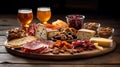 Une biÃ¨re savoureuse avec un plateau de charcuterie et de fromages.Generative AI