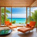 Une maison de plage en bois de plantes vert clair moderne avec des un intÃÂ©rieur orange de relaxation et un voyage de luxe