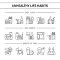 Unealthy lifestyle habits black and white line vector icons isolated. Fast junk food cola hanburger pizza. Bag habit