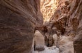 The unearthly beauty of high mountains on sides of gorge of tourist route of the gorge Wadi Al Ghuwayr or An Nakhil and the wadi