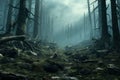 Unearthly postapocalyptic forest with trees that