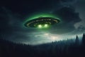 Unearthly sighting, UFO spaceship in dramatic night sky, green creature nearby Royalty Free Stock Photo