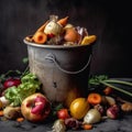 uneaten, spoiled vegetables in a dumpster. food loss and food waste. concept of food waste reduction. Generative AI