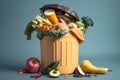 Uneaten unused spoiled vegetables thrown in the trash container. Food loss and food waste. Reducing wasted food, composting,