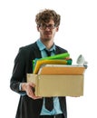 Unemployed Business man worker carrying packed box with upset expression for unemployment concept isolated on white Royalty Free Stock Photo