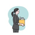 Unemployed fired woman. Sad jobless female office worker holds box vector