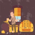 Unemployed man in dirty room, jobless person in messy house, poor person apartment, vector illustration