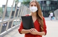 Unemployed serious woman with KN95 FFP2 protective mask looking worried at camera