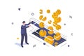 Unemployment crisis concept in 3d isometric design. Man loses broken coins and poor savings, financial problem, bankruptcy and