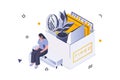 Unemployment crisis concept in 3d isometric design. Sad fired woman loses her job and sits near box with things, dismissed