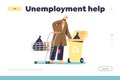 Unemployment help concept of landing page with poor homeless jobless man looking for food in trash Royalty Free Stock Photo