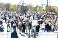 Unemployment strike, protest or anti government public demonstration, blurred protesting crowd in the background Royalty Free Stock Photo