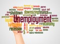 Unemployment word cloud and hand with marker concept Royalty Free Stock Photo