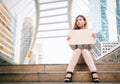 Unemployment. businesswoman with sign looking for a job. Royalty Free Stock Photo