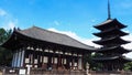 The Tokondo and five-story pagoda of the ancient Kofukuji Buddhist temple, a UNESCO heritage site, situated inside Nara Deer Park.