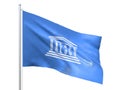 UNESCO United Nations Educational, Scientific and Cultural Organization flag waving on white background, close up, isolated. 3D