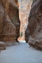 Entrace to Petra, Jordan - ancient Nabatean city in red natural rock and with local bedouins, UNESCO world heritage