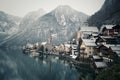 The UNESCO World Heritage Site - Hallstatt in Austria, a fairy-tale-like town surrounded by snow-capped alps during winter.