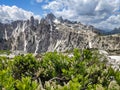 unesco world heritagelarge, dolomites in europe, panorama picture to the gruppo dei cadini torre siorpaes. wanderlust Royalty Free Stock Photo