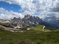 unesco world heritagelarge, dolomites in europe, panorama picture to the gruppo dei cadini torre siorpaes. wanderlust Royalty Free Stock Photo