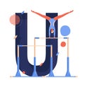 Uneven bars concept illustration with woman gymnast doing routine flying performance element and capital letter U on background.