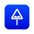 Uneven triangular road sign icon digital blue