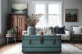 unexpected design element of vintage toolbox in modern farmhouse living room