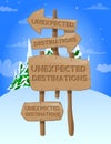 Unexpected Destinations text on Wooden sign. Royalty Free Stock Photo