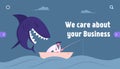 Unexpected Difficulties, Crisis Website Landing Page. Thoughtful Businessman Fishing in Ocean, Huge Shark Sneak Up