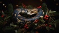 Yuletide Serpent: Snake Coils Amid Christmas Fir on Ebony Canvas