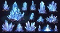 Unfaceted rough glowing rocks stalagmites, isolated jewelry precious or semiprecious gem stones, realistic 3D modern set