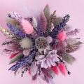 Unfading bouquet of natural plants, flowers, ears of wheat, cone in small round vase. Floral design Royalty Free Stock Photo