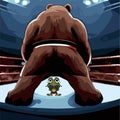 Unfair boxing competition contest Bear versus frightened frog vector graphics illustration