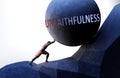 Unfaithfulness as a problem that makes life harder - symbolized by a person pushing weight with word Unfaithfulness to show that Royalty Free Stock Photo