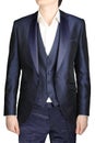 Unfastened navy blue weddings grooms attire, jacket suit, waistcoat.