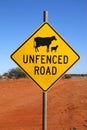 Unfenced Road warning sign indicating likely sheep and cattle on the road ahead. Royalty Free Stock Photo