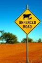 Unfenced Road warning sign indicating likely sheep and cattle on the road ahead. Royalty Free Stock Photo