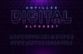 Unfilled Digital alphabet with retro neon grid. Vector design 3d text elements based on retrowave, synthwave, videogame graphic Royalty Free Stock Photo