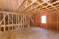 Unfinished attic of private house residential construction house framing agains