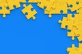 Unfinished blank yellow jigsaw puzzle pieces on blue background. Copy space. Top view