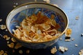 unfinished bowl of cereal with soggy flakes