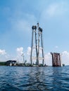 Unfinished bridge. bridge support construction. beautiful view of the bridge from the surface of the water Royalty Free Stock Photo