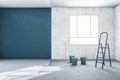 Unfinished bright room interior repairs in apartment with window, brick walls, concrete floor and mockup space.