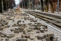 Unfinished complete reconstruction of the city street, replacement of tram tracks and pavement