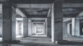 Unfinished concrete building interior with columns and beams creating repetitive pattern in soft natural light Royalty Free Stock Photo