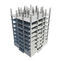 Unfinished Concrete Building Construction with Rebar on White Background skyscraper architecture Royalty Free Stock Photo